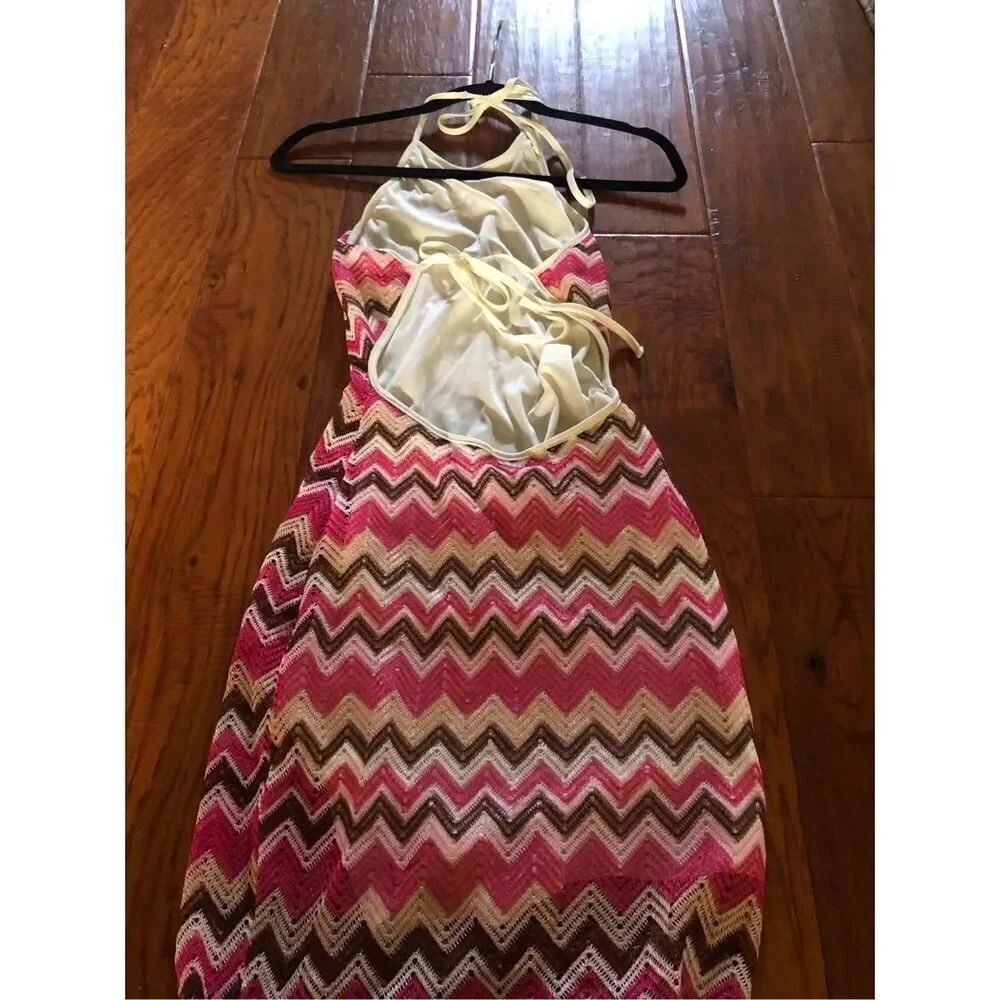 No Comment Pink Chevron Halter Maxi Dress Boho Size M - Picture 7 of 13